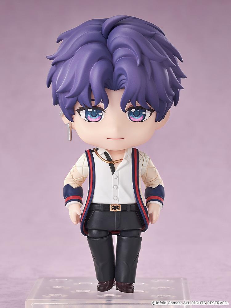 Standing display pose of the Rafayel Nendoroid figure with purple hair and gradient eyes on a clear plastic stand against a soft purple background.
