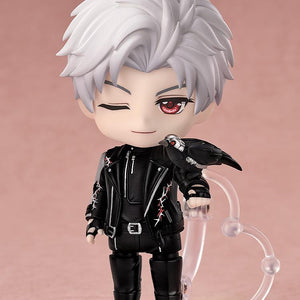Sylus Nendoroid winking while perched with his mechanical crow companion Mephisto.