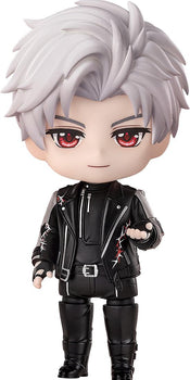 Love and Deepspace Sylus Nendoroid figure front view featuring white hair, red eyes, and black leather biker jacket.