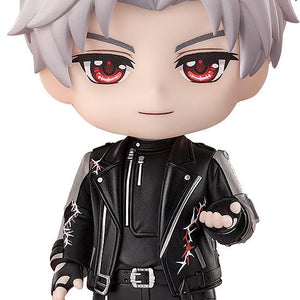 Love and Deepspace Sylus Nendoroid figure front view featuring white hair, red eyes, and black leather biker jacket.