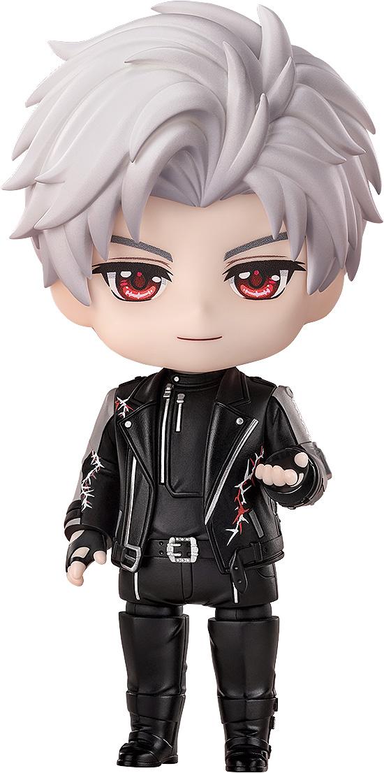 Love and Deepspace Sylus Nendoroid figure front view featuring white hair, red eyes, and black leather biker jacket.