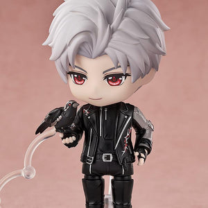 Front view of Sylus Nendoroid standing on clear display stand with Mephisto crow resting on his hand.