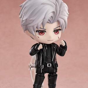 Sylus Nendoroid with serious face plate and facial battle marks posing in a raised-fist fighting stance.