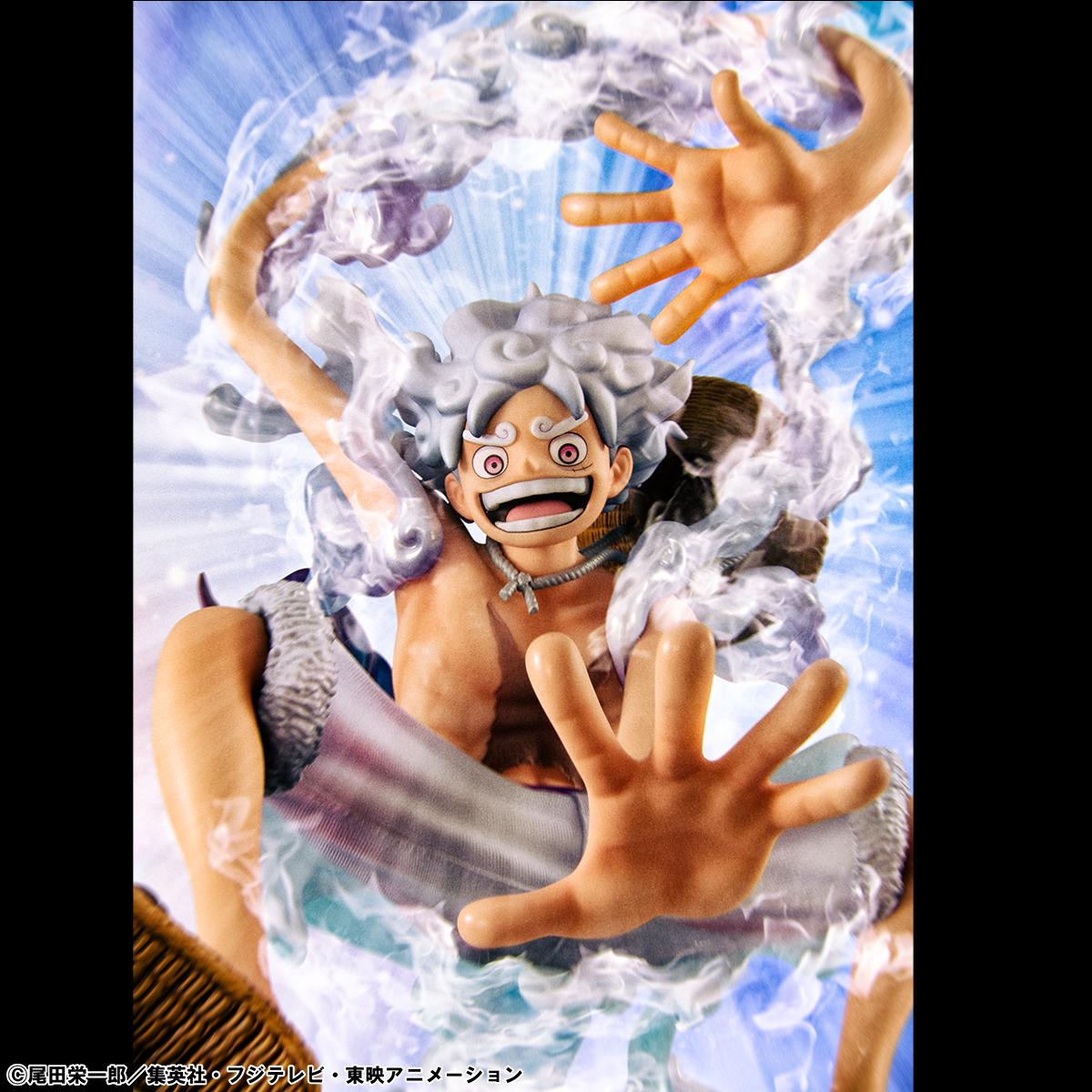 Promotional display featuring the Portrait.Of.Pirates Luffy Gear 5 and Jewelry Bonney Nika form figures together.