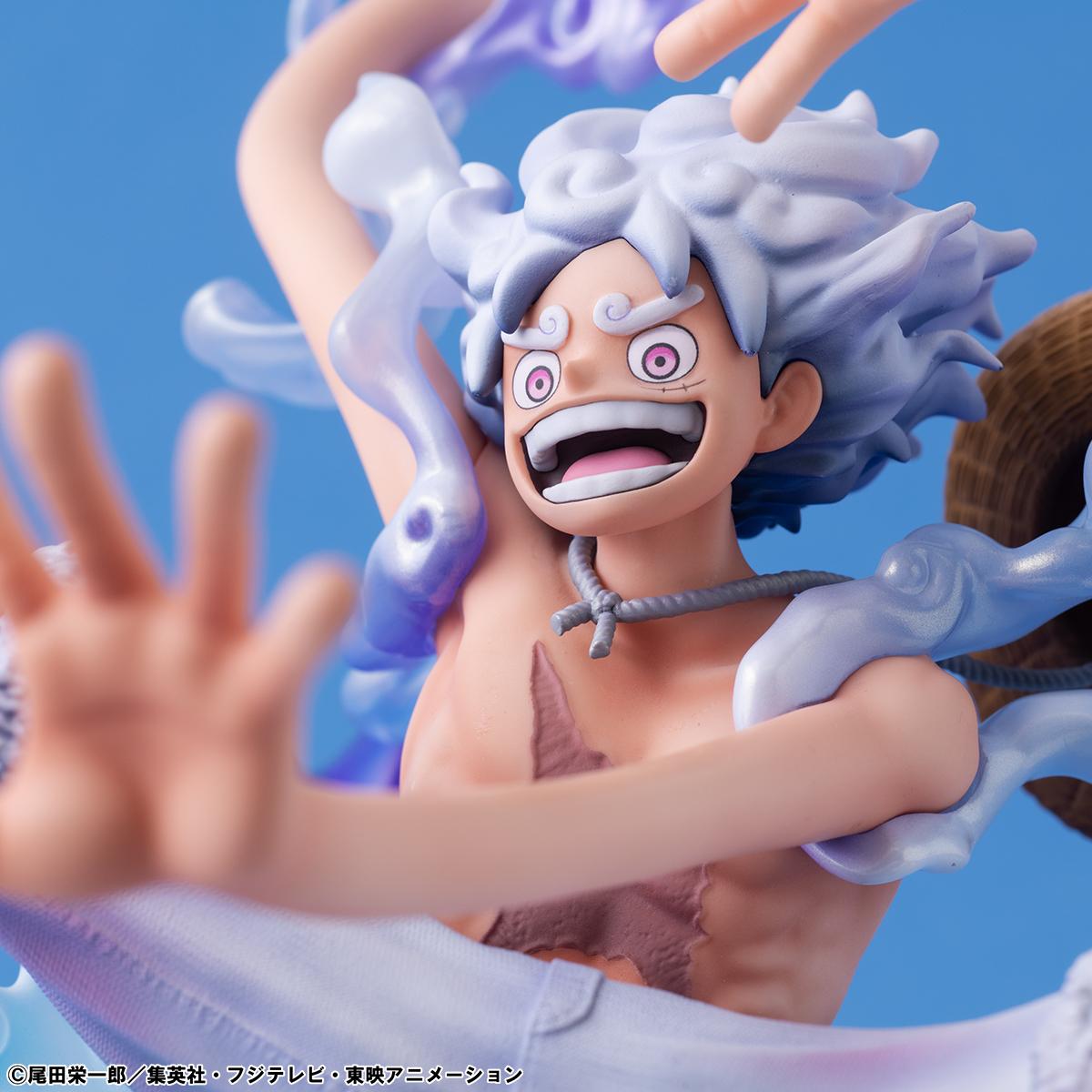 Atmospheric close-up shot of the Luffy Gear 5 statue capturing his signature joyous expression.