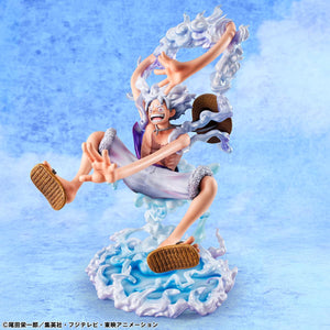 Dynamic low-angle view of Monkey D. Luffy Gear 5 figure showcasing his laughing expression.