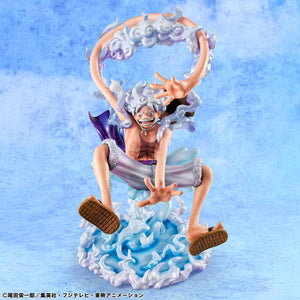 Three-quarter view capturing the joyful Sun God Nika awakening form on the Luffy figure.