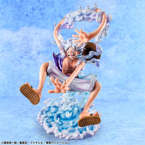 Rear profile view of the Luffy Gear 5 P.O.P figure highlighting the flowing white hair and sash.