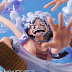 Side profile cinematic photo of Luffy in his awakened Gear 5 form with swirling cloud effects.