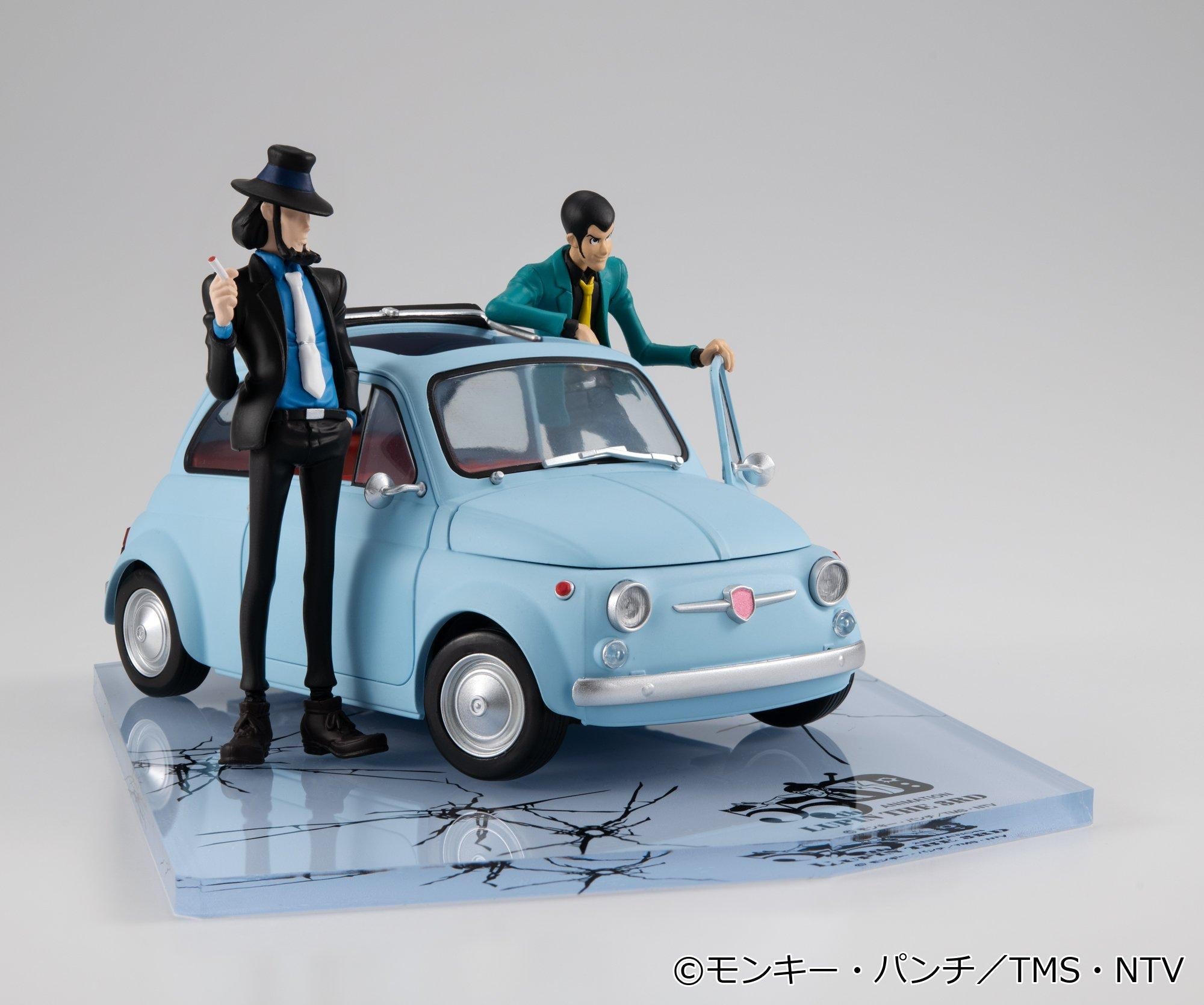 Lupin the Third and Jigen figures posed with the Part 1 finale ice blue vehicle.