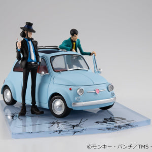 Lupin the Third and Jigen figures posed with the Part 1 finale ice blue vehicle.