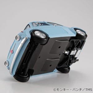 Detailed bottom chassis and exhaust system view of the 1/20 scale ice blue vehicle.