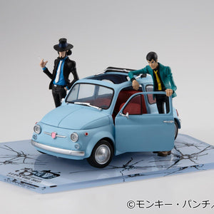 Lupin the Third and Daisuke Jigen figures posed with ice blue car on bullet-hole display base.