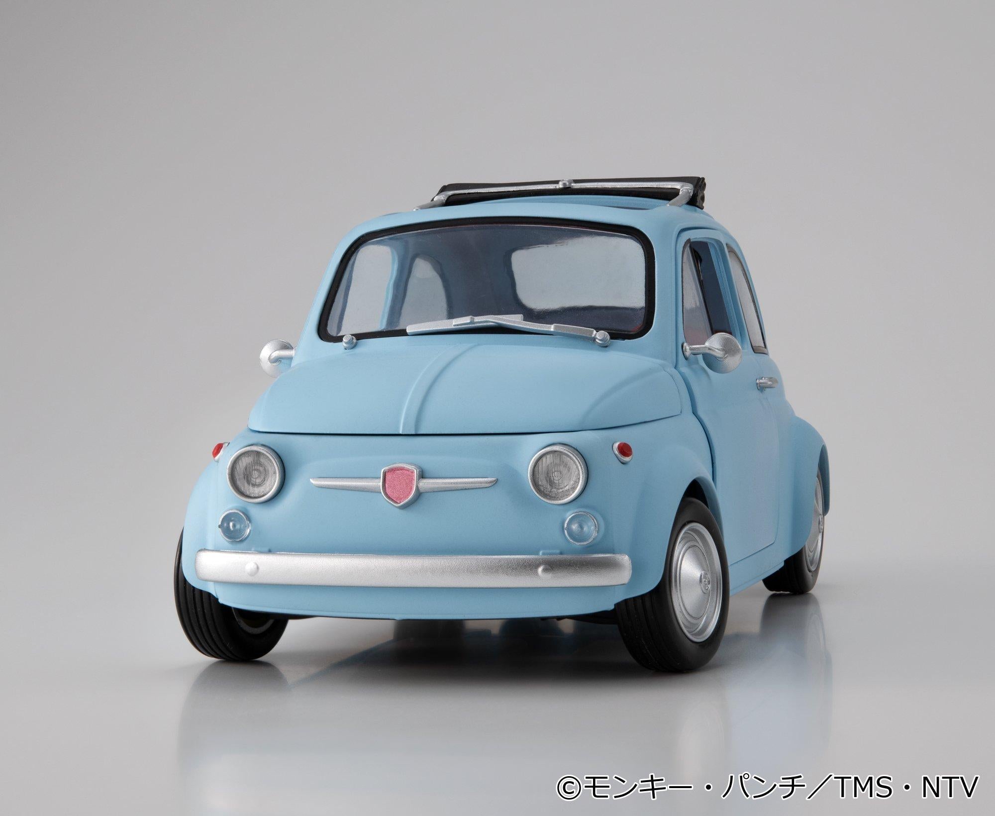 Front profile view of the 1/20 scale ice blue Fiat style car without figures.