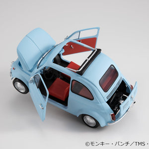 Top-down overhead view of the ice blue car with open hood, doors, sunroof, and red interior.