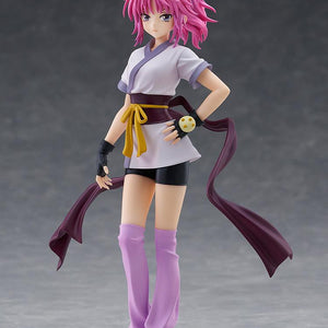 Studio shot of the Machi figure by Good Smile Company showing the character's purple hair and iconic pink and white outfit.