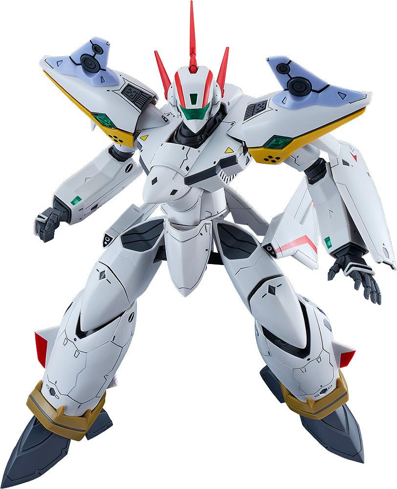 Full frontal view of the assembled 1/72 scale PLAMAX VF-19P Excalibur model kit in Battroid mode, featuring its iconic white armor with red and yellow accents against a solid white background.