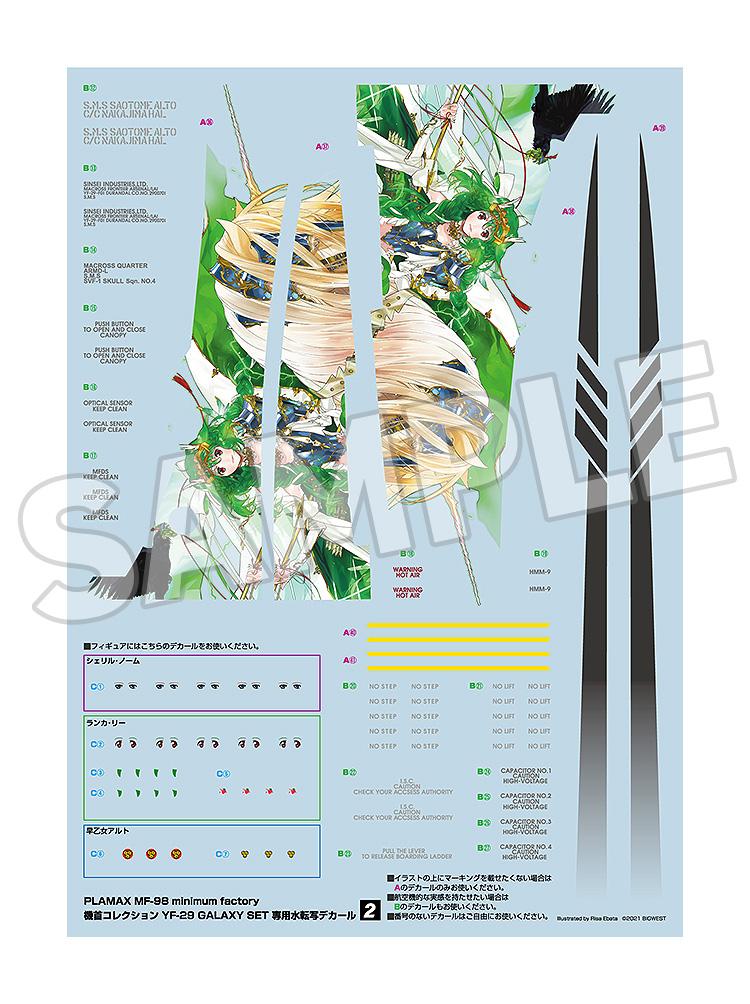 Technical water-slide decals and eye graphics for the Macross Frontier YF-29 Galaxy Limited Edition model kit.