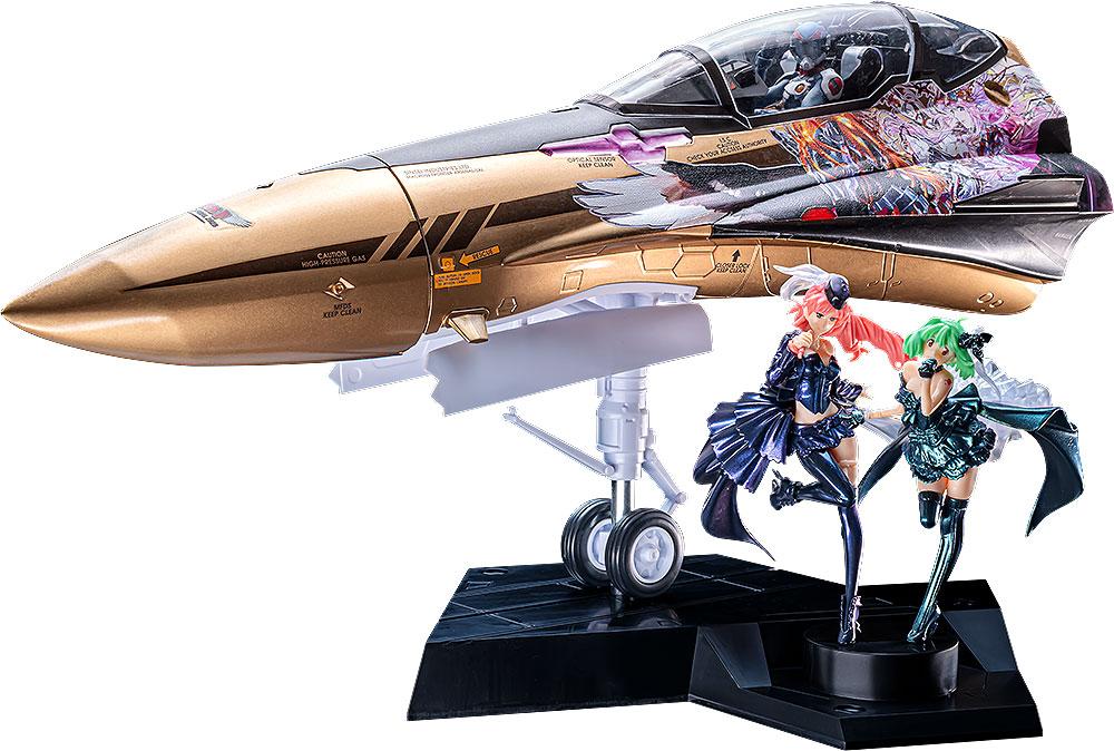 Macross F Galaxy Live Final 2025 PLAMAX MF-98 Fighter Nose YF-29 with Sheryl Nome and Ranka Lee figures on white background.