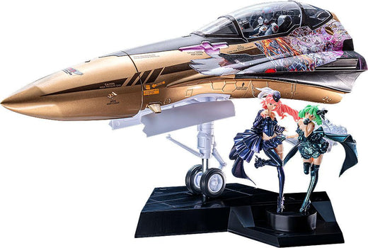 Macross F Galaxy Live Final 2025 PLAMAX MF-98 Fighter Nose YF-29 with Sheryl Nome and Ranka Lee figures on white background.