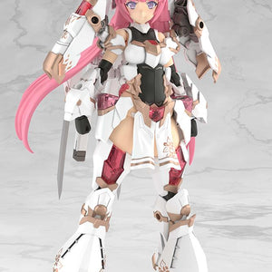 Full length studio product shot of the Kotobukiya Magatsuki Kikka model kit displaying her bright pink hair and transparent pink armor panels.