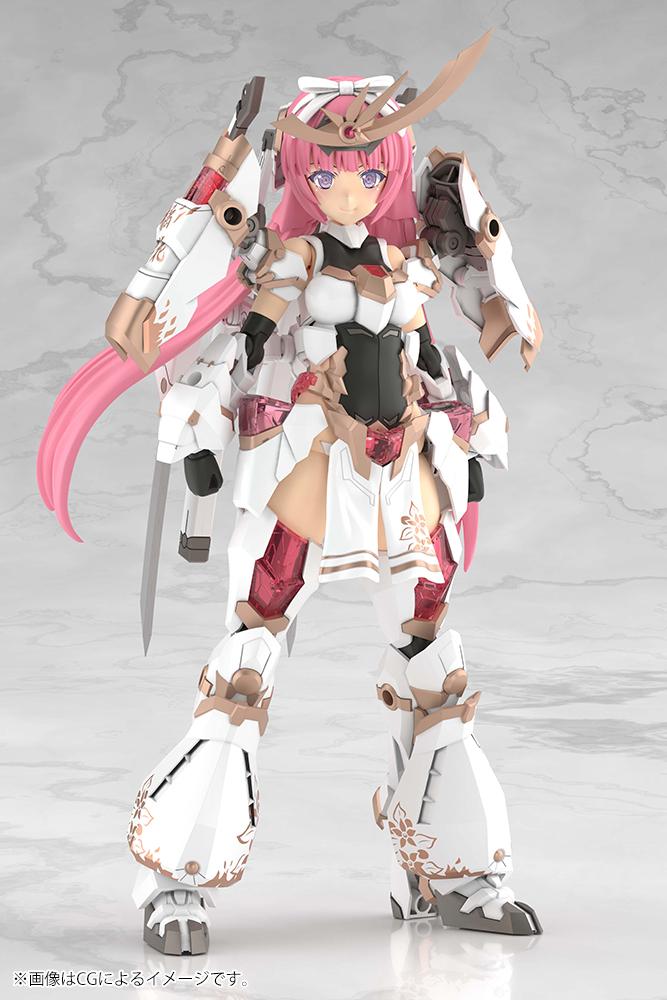 Full length studio product shot of the Kotobukiya Magatsuki Kikka model kit displaying her bright pink hair and transparent pink armor panels.