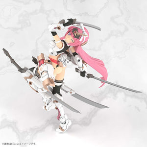 Action shot of the Magatsuki Kikka 1/6 scale kit in a mid-air spinning attack pose demonstrating the wide range of motion.