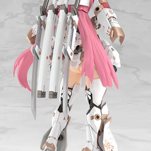 Full rear view of the assembled Magatsuki Kikka figure highlighting her long pink twin-tails and the back-mounted weapon sheaths for her swords.