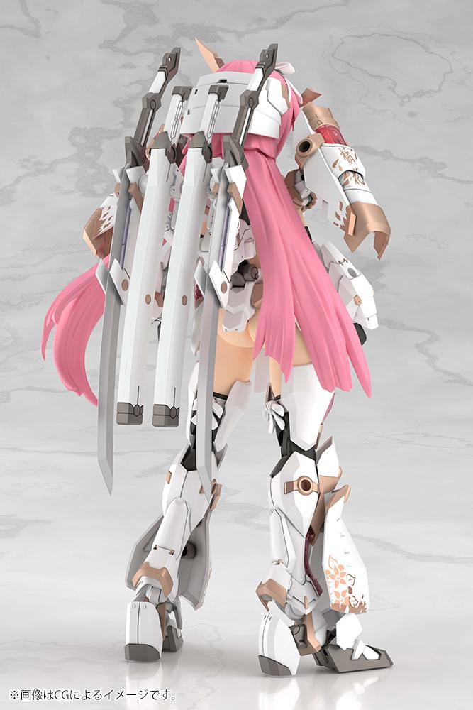 Full rear view of the assembled Magatsuki Kikka figure highlighting her long pink twin-tails and the back-mounted weapon sheaths for her swords.
