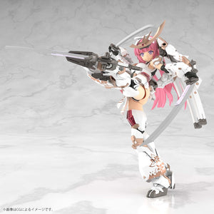 Impressive high-kick martial arts pose of the Magatsuki Kikka model kit utilizing the specialized heel joint attachment for the Tenkai long sword.