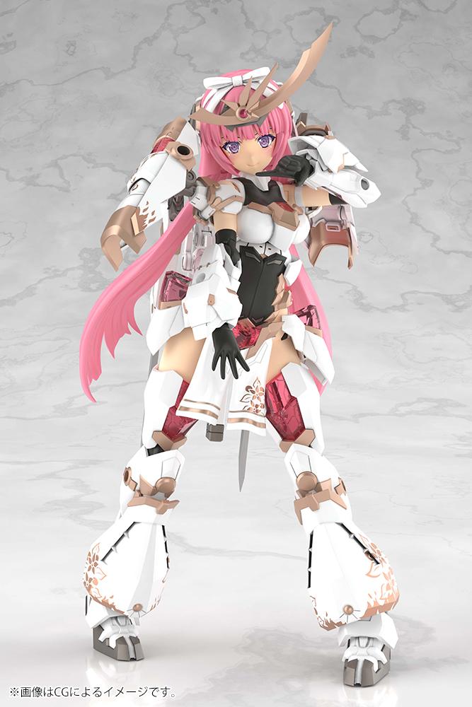 Front view of the Magatsuki Kikka figure using her pre-printed tampography smiling face part and a playful hand gesture.
