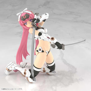 Dynamic kneeling combat pose of the Frame Arms Girl Magatsuki Kikka model kit with both Tenkai and Satsuga swords drawn.