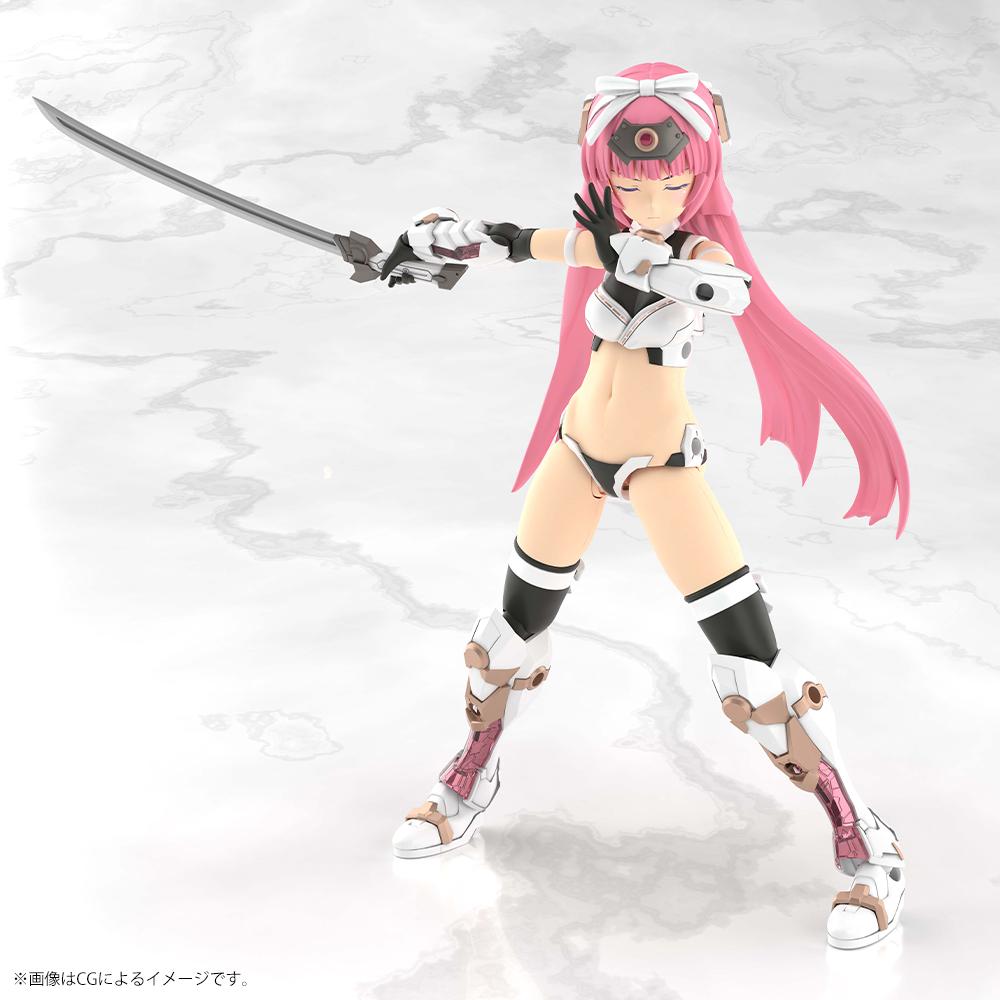 Front view of Magatsuki Kikka in unarmored Kunoichi Mode utilizing the pre-printed eyes-closed face part in a focused sword stance.