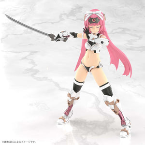 Front view of Magatsuki Kikka in unarmored Kunoichi Mode utilizing the pre-printed eyes-closed face part in a focused sword stance.