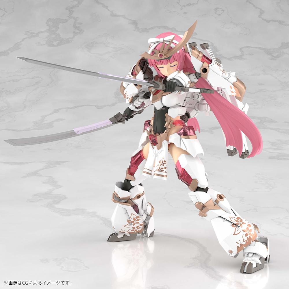 Dynamic side profile of the Frame Arms Girl Magatsuki Kikka kit executing a defensive cross-slash sword stance.