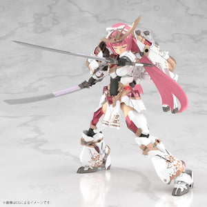 Dynamic side profile of the Frame Arms Girl Magatsuki Kikka kit executing a defensive cross-slash sword stance.