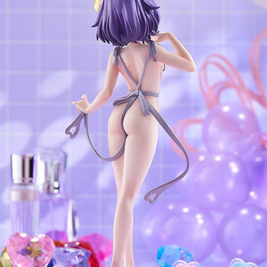 Back view of the Magia Baiser Naked Apron Version anime figure set against a decorated purple diorama background with ambient lighting.