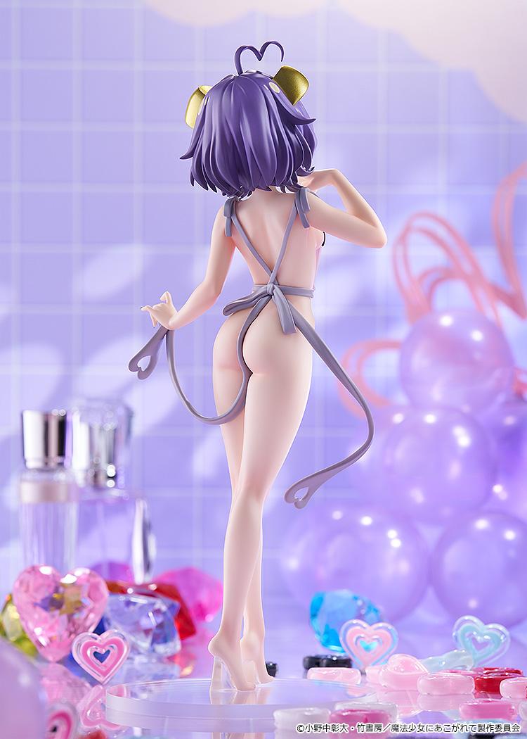 Back view of the Magia Baiser Naked Apron Version anime figure set against a decorated purple diorama background with ambient lighting.