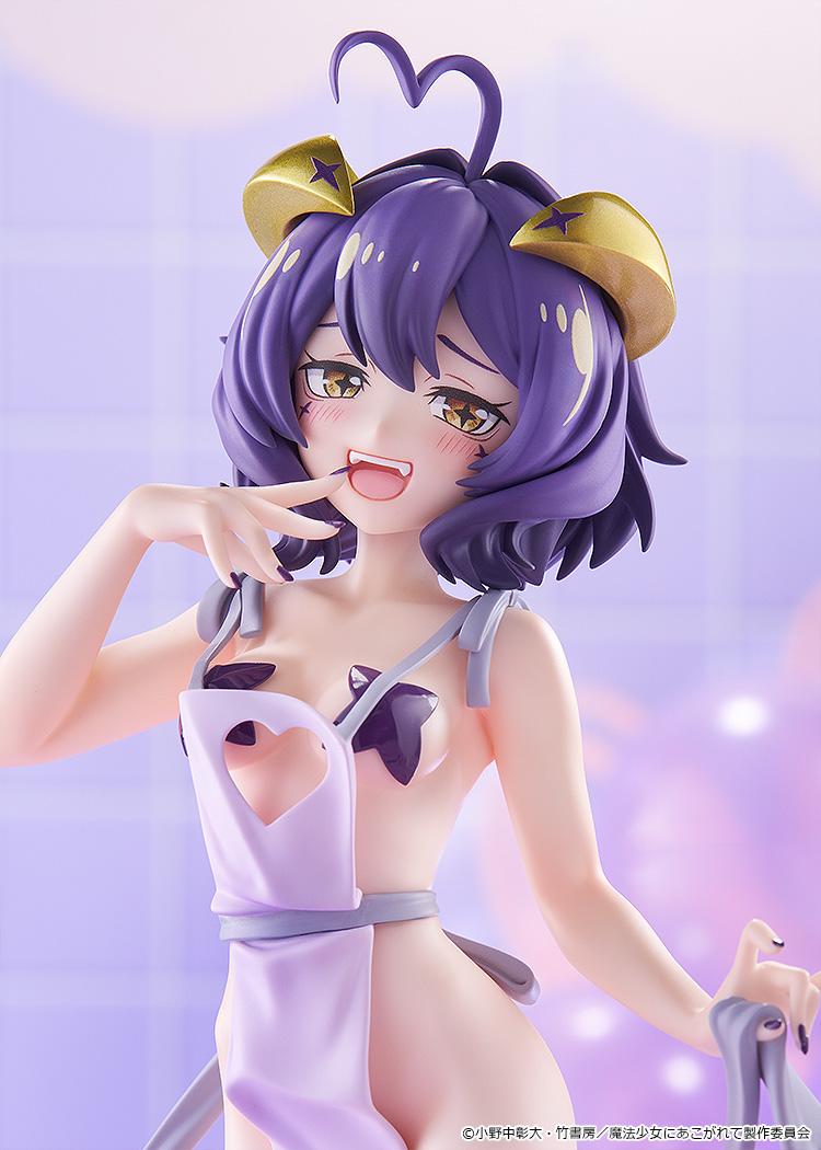 Detailed portrait close-up shot of Magia Baiser from Gushing over Magical Girls, showcasing her golden horns, purple hair, and blushing expression.