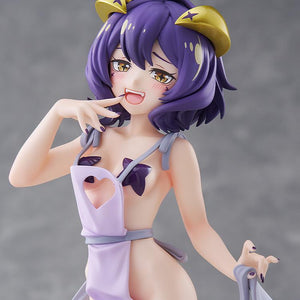 Upper body close-up shot of the Magia Baiser Naked Apron Version figure highlighting her mischievous expression, purple hair, and heart cutout apron detail.