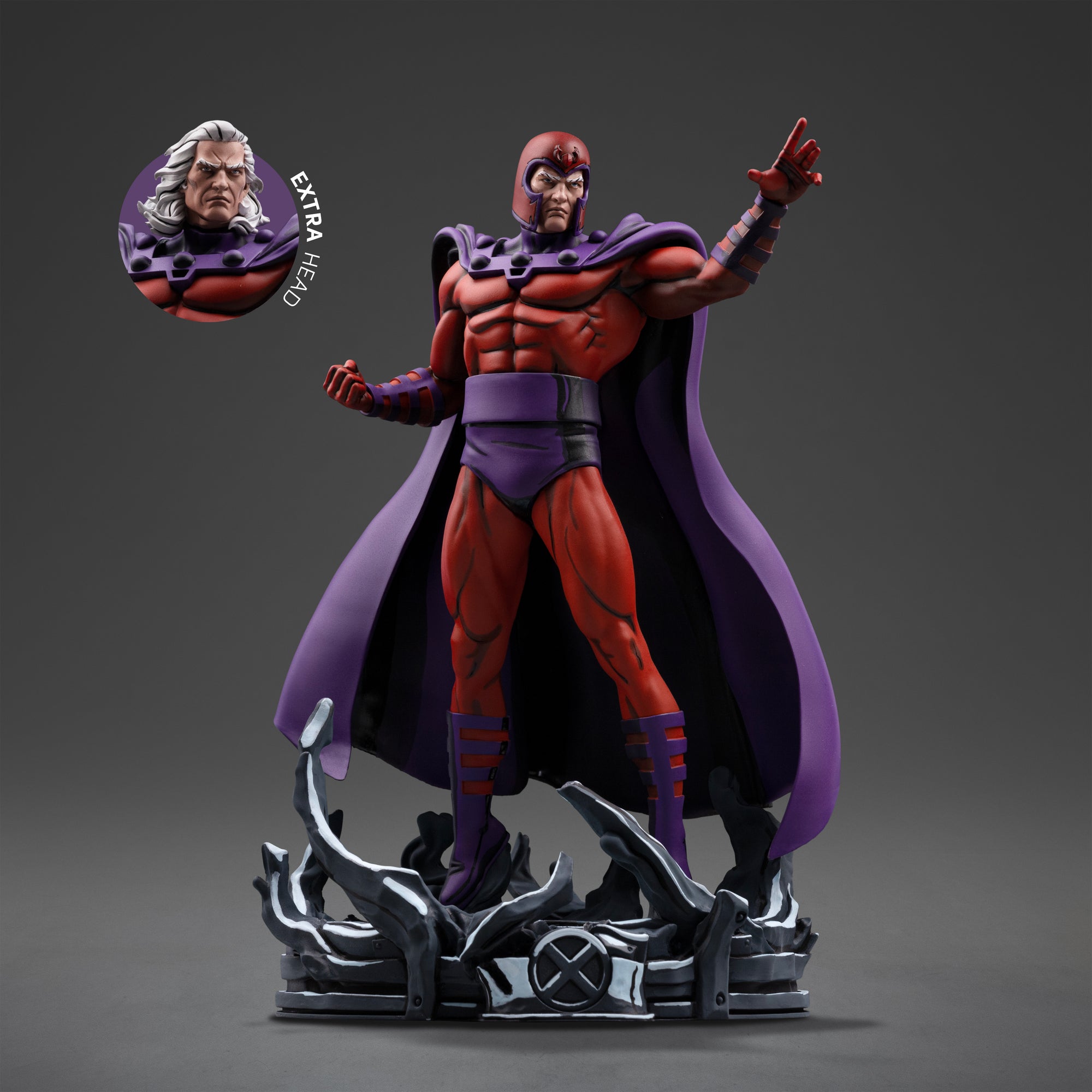 Front view of the Iron Studios Magneto X-Men '97 1/10 scale statue with an inset circle displaying the swappable unmasked head option.