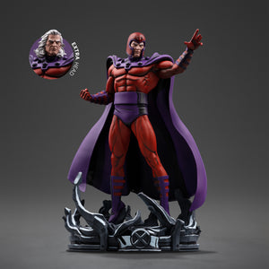 Front view of the Iron Studios Magneto X-Men '97 1/10 scale statue with an inset circle displaying the swappable unmasked head option.
