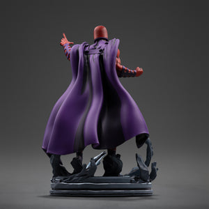 Back view of the Magneto 1/10 art scale statue showing the flowing purple cape and the rear structure of the X-Men themed base.