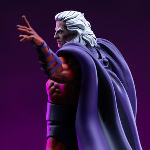 Side-profile close-up focusing on the layered purple cape folds and white hair of the unmasked Magneto figure.