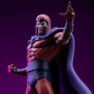 Low-angle torso close-up of Magneto in his iconic red and purple helmet with dramatic purple studio rim lighting.