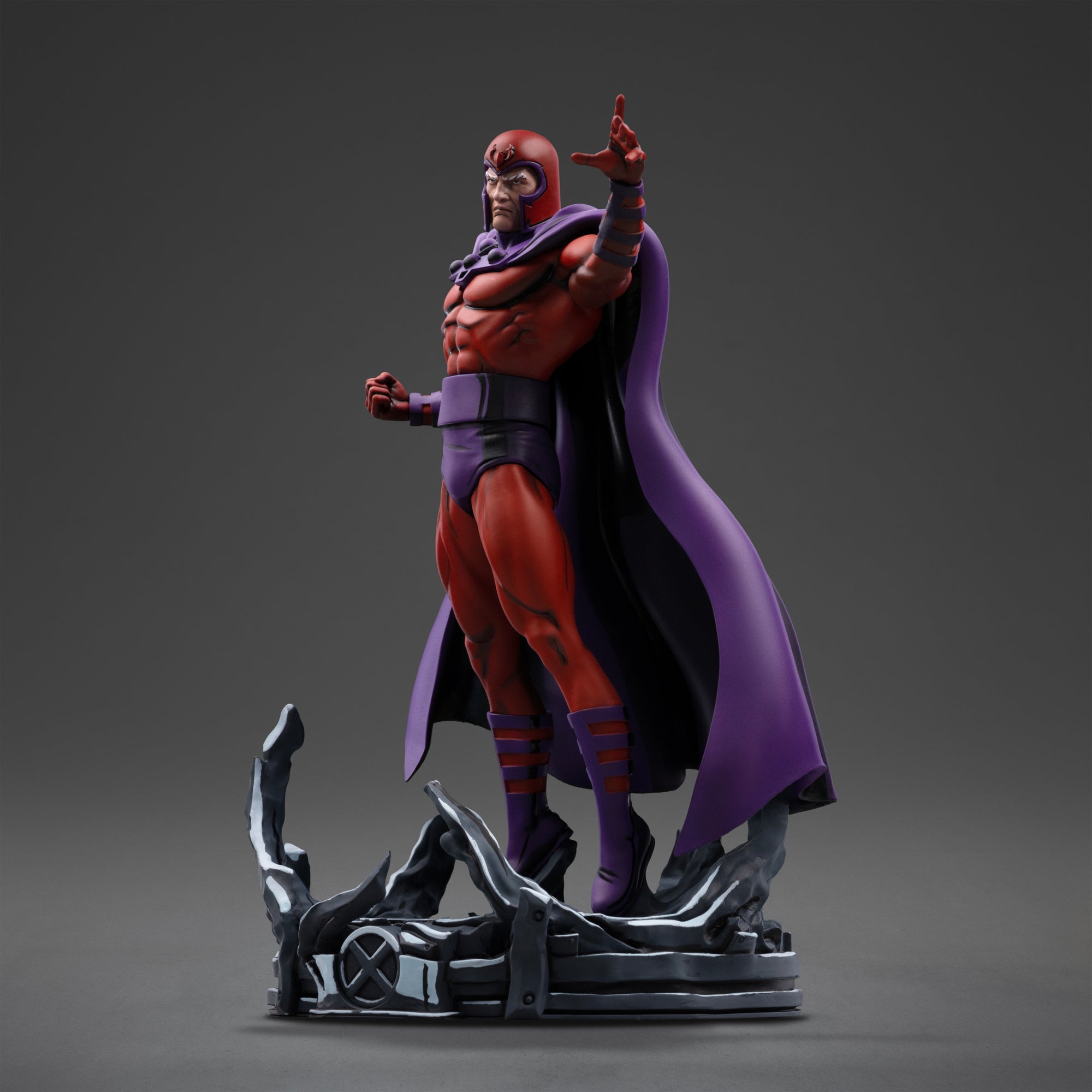 Three-quarter left profile view of the Magneto X-Men '97 statue showcasing his purple cape drape and magnetic debris base.