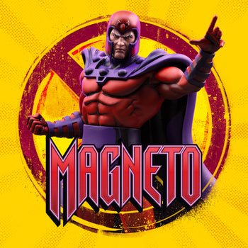 Promotional title graphic for the Magneto X-Men '97 1/10 scale statue featuring bold character lettering and the circular X-Men emblem background.