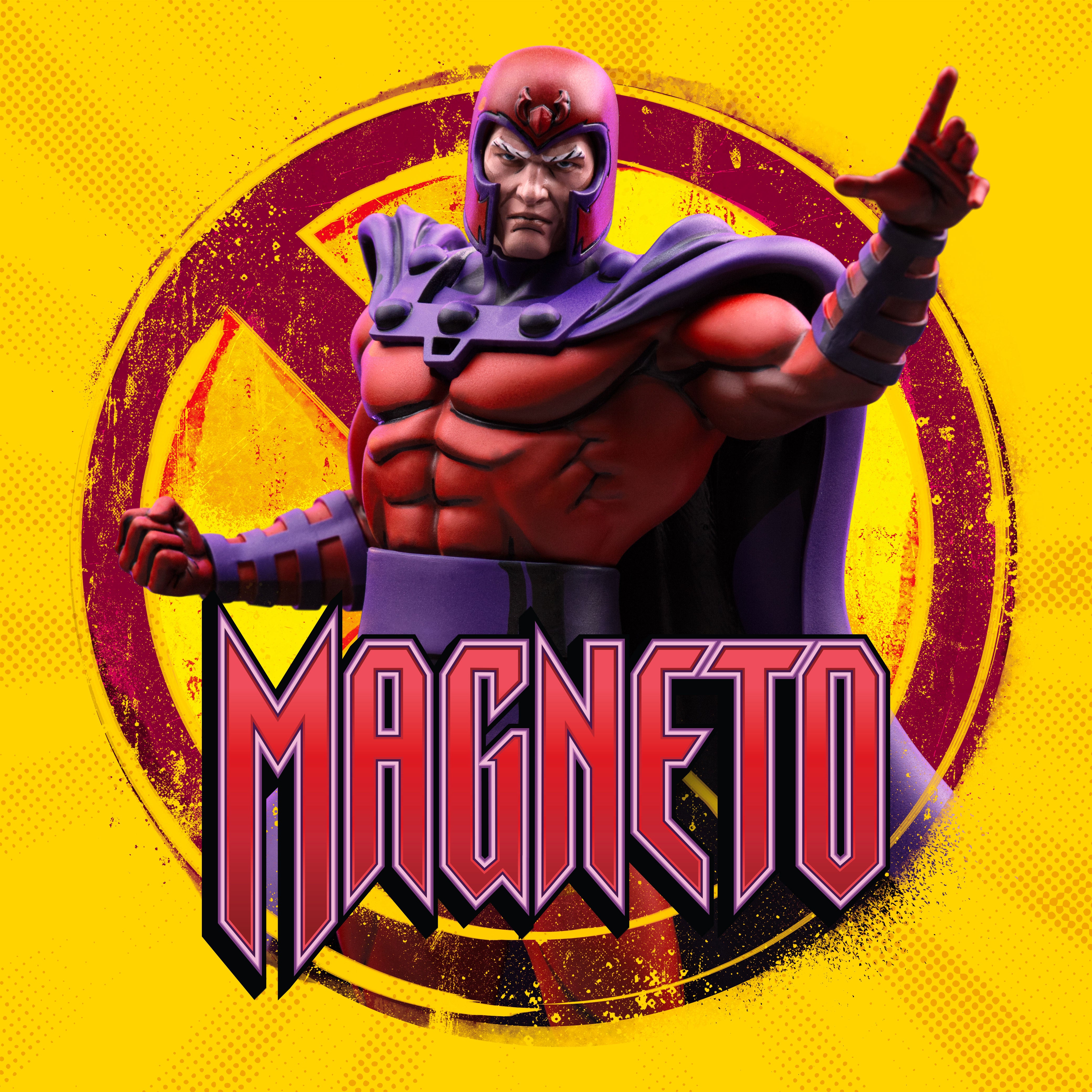 Promotional title graphic for the Magneto X-Men '97 1/10 scale statue featuring bold character lettering and the circular X-Men emblem background.