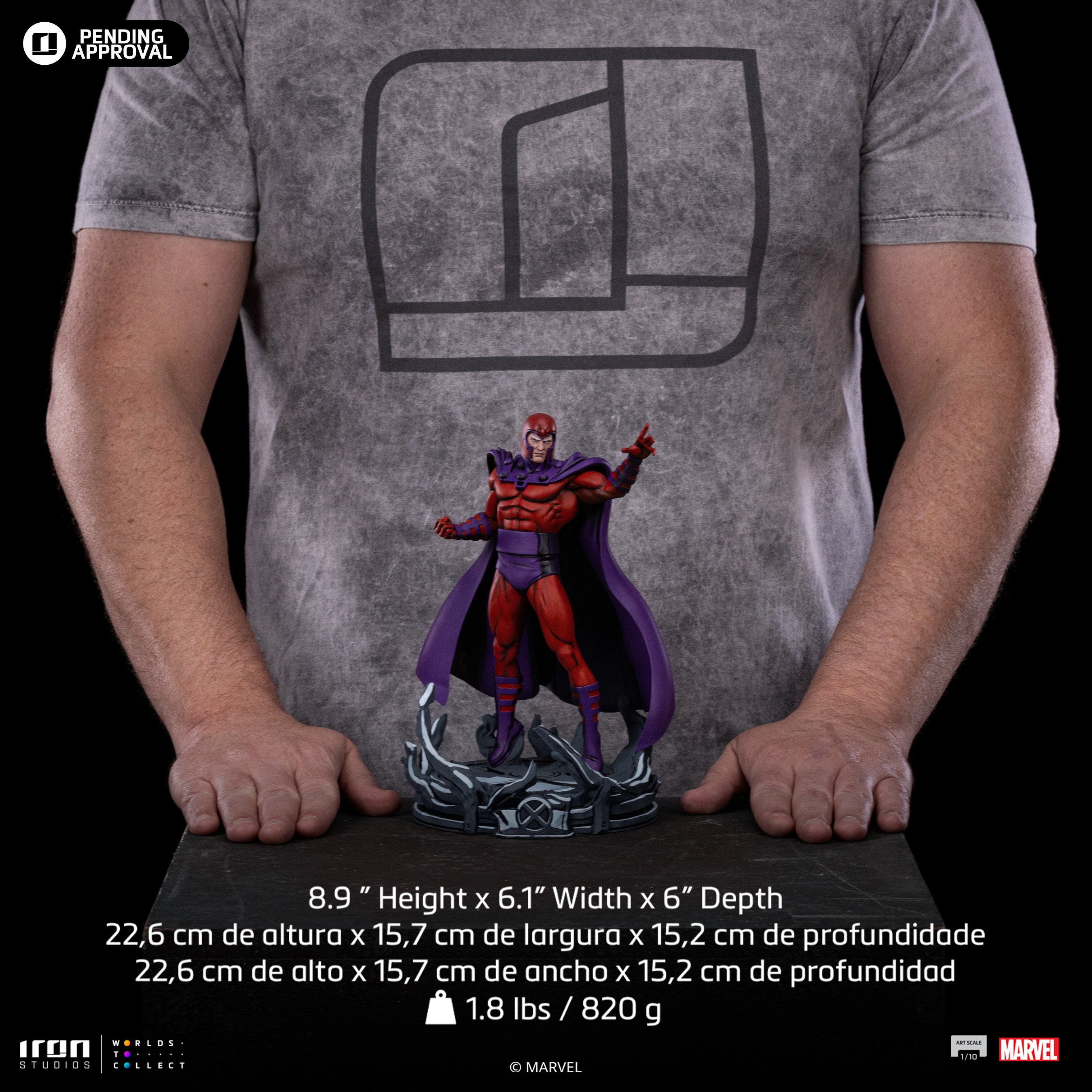 Size comparison photo showing the Magneto 1/10 statue dimensions (8.9 inches high x 6.1 inches wide x 6 inches deep) alongside a human scale reference.
