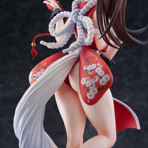 Detailed rear view of Mai Shiranui 1/7 scale figure focusing on the rope belt and floral costume prints.